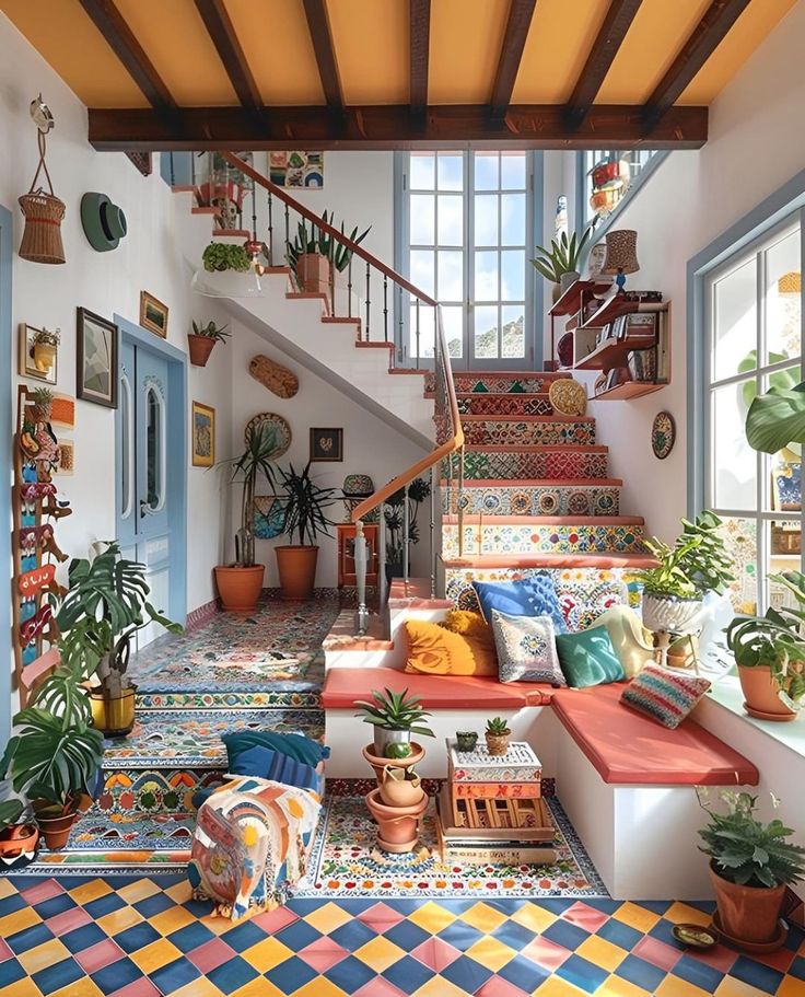 a living room filled with lots of furniture and plants on top of it's stairs