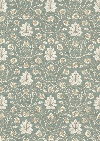 a blue and white wallpaper with flowers on the back ground, in front of a light green background