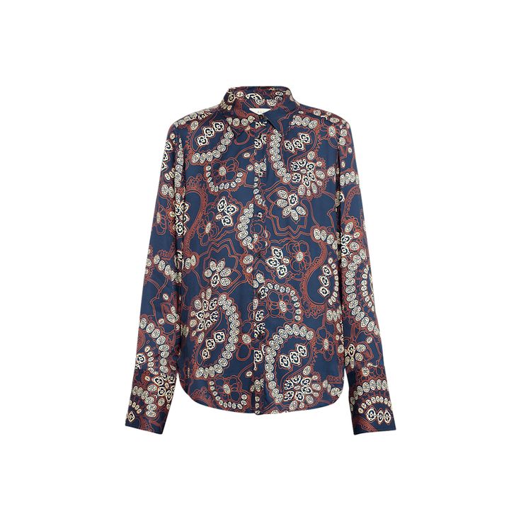 A.L.C. "Aiden" top features an abstract paisley and floral print Approx. 29.5"L from shoulders to hem Spread collar; button front Long sleeves; button cuffs Back yoke with inverted pleat Rounded hem Relaxed fit Viscose Dry clean Imported Designer Long Sleeve Printed Blouse, Designer Floral Print Button-up Blouse, Designer Button-up Blouse With Floral Print, Silk Button-up Shirt With Floral Print, Fitted Paisley Print Button-up Top, Designer Long Sleeve Top With Abstract Print, Designer Long Sleeve Patterned Tops, Designer Floral Print Workwear Shirt, Designer Long Sleeve Blouse With Floral Print