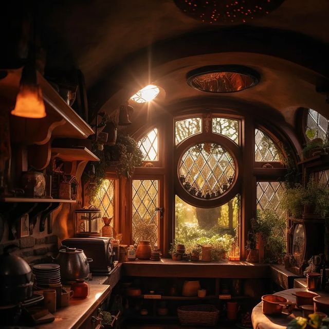 a kitchen with an arched window and potted plants