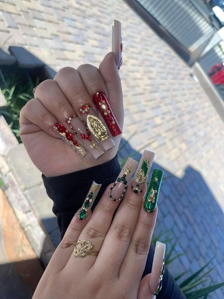 Virgin Mary And San Judas Nails, Rosary Acrylic Nails, Santa Fe Klan Nails, Latina Acrylic Nails Long, Latina Nail Designs Green, Bling Nails With Initials, Red San Judas Nails, Virgen And San Judas Nails, Baddie Bday Nails