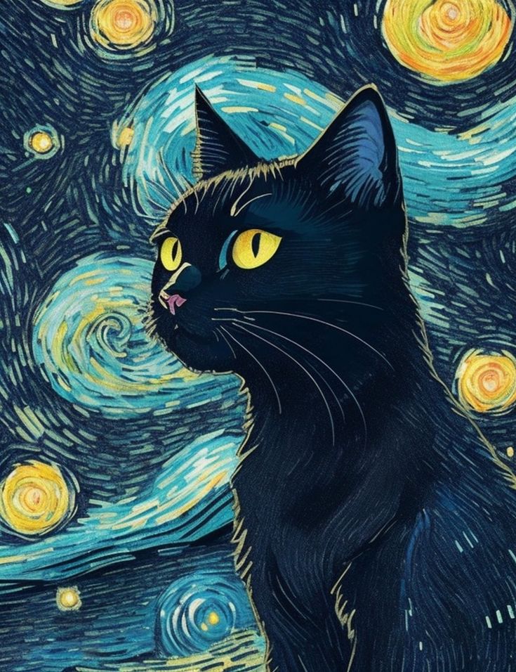 a black cat with yellow eyes sitting in front of a starry night sky background