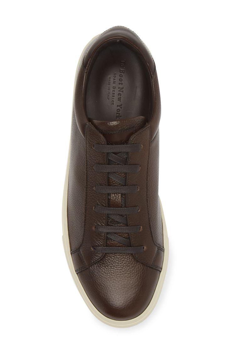 Sleek and low, this leather sneaker features classic lace-to-toe construction and minimal detailing to give it maximum versatility across your wardrobe. Lace-up style Leather upper and lining/rubber sole Made in Italy Removable insole Low-top Calf Leather Lace-up Shoes For Derby, Low-top Lace-up Shoes With Stitched Sole In Calf Leather, Low-top Calf Leather Lace-up Shoes With Stitched Sole, Lace-up High-top Sneakers With Stitched Sole In Calf Leather, Fall Derby Low-top Lace-up Shoes, White Sole Leather Lace-up Shoes With Vulcanized Sole, Classic High-top Sneakers With Stitched Sole, Casual Lace-up Calf Leather Custom Sneakers, Classic High-top Sneakers With White Sole And Laces