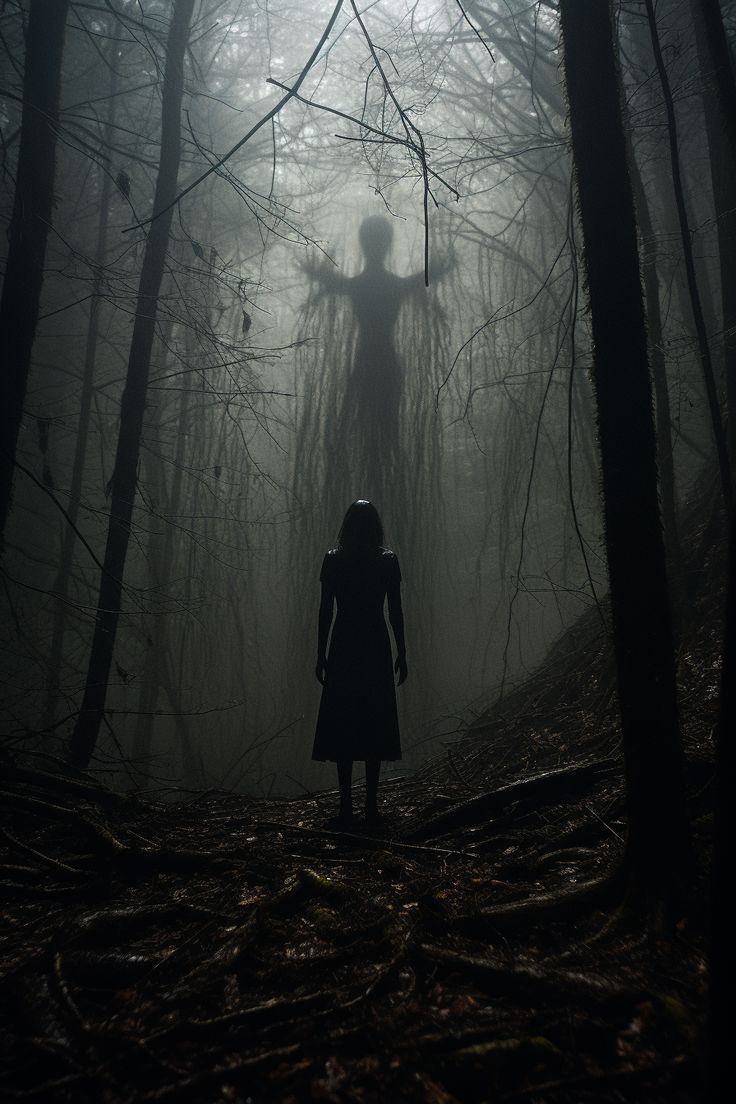 a person standing in the middle of a forest