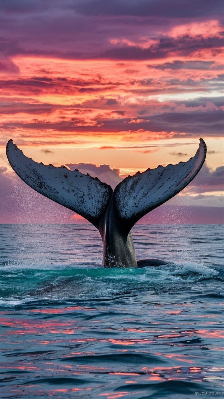 a whale tail flups out of the water at sunset