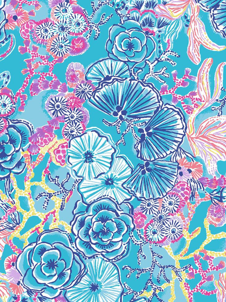 blue and pink flowers are in the middle of a floral pattern on a turquoise background