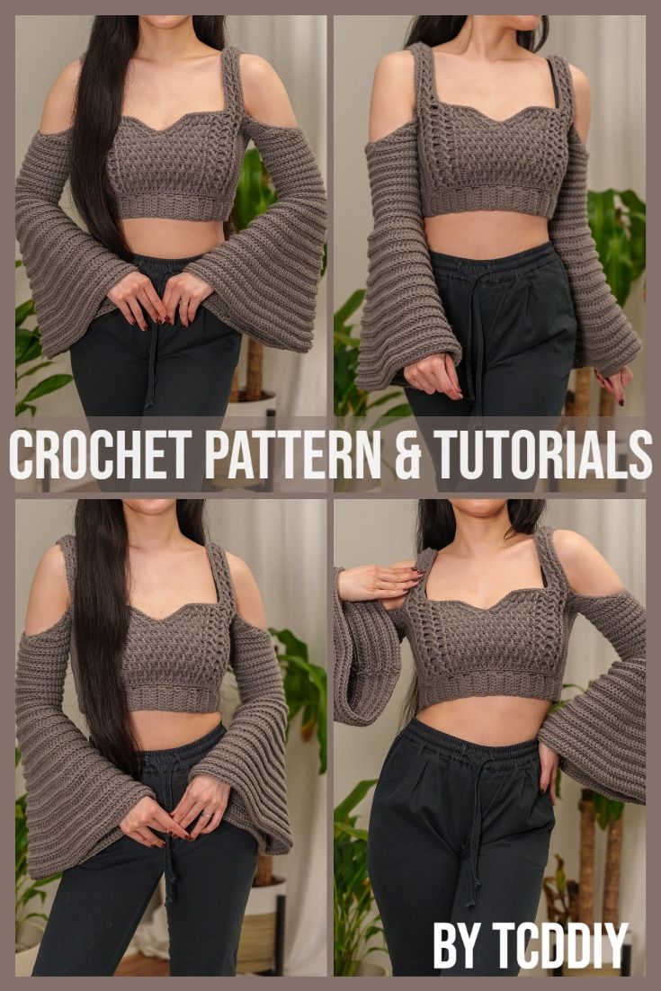 four photos of the same woman wearing crop tops and pants, with text that reads crochet pattern & instructions