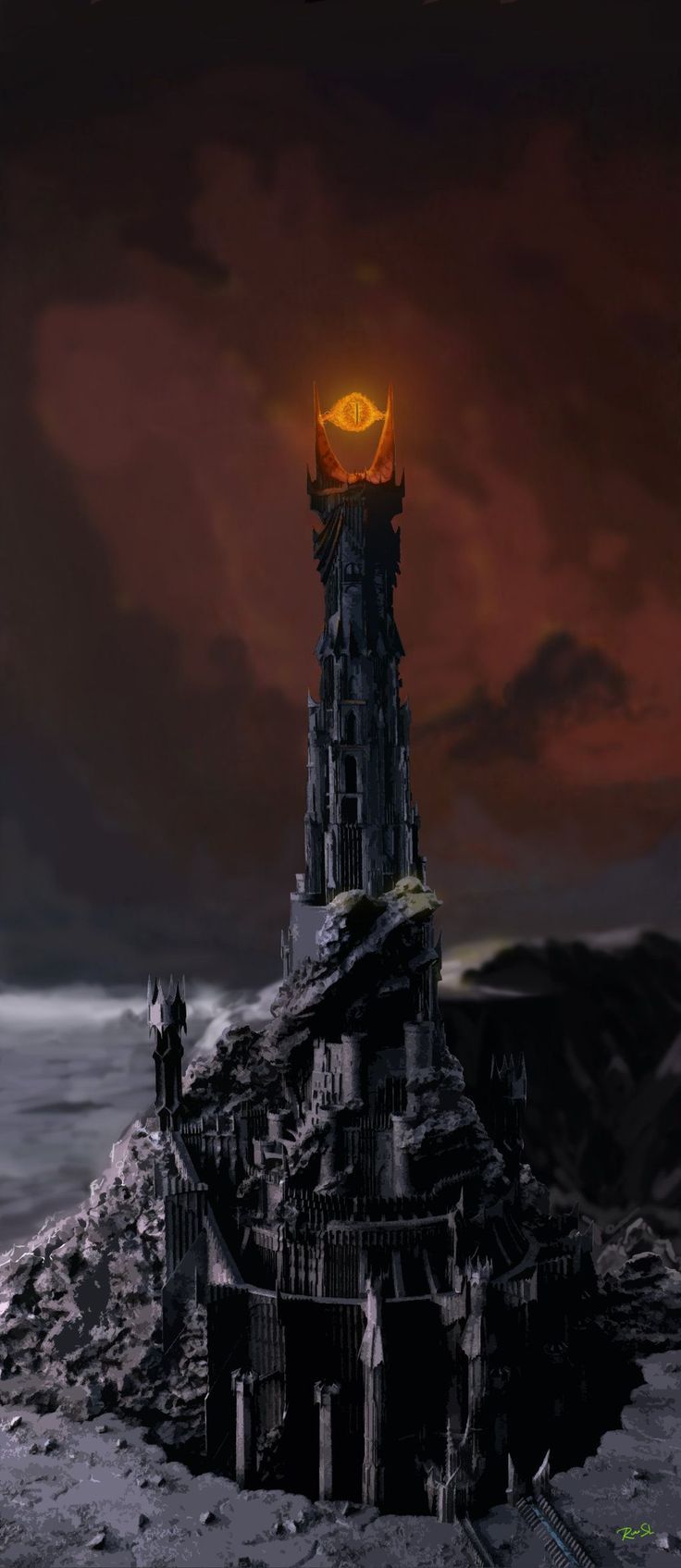 a tower on top of a mountain in the middle of the night with an orange light above it