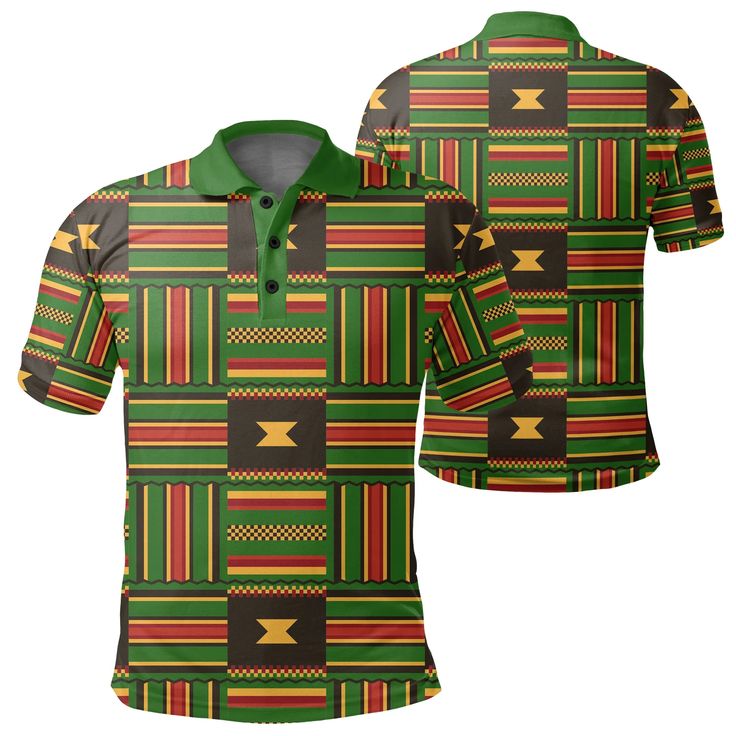 Kente Ghanaian Pattern Polo ShirtAll of our Polo Shirt are custom-made-to-order and handcrafted to the highest quality standards. Crafted in 95% polyester, 5% spandex with your own design which combines comfort and vogue. This shirt has some great features, it has 3 buttons, elastic collar, and cuffs. 12.35 Oz. Made from polyester fabric. 3 buttons, elastic collar, and cuffs. Extremely soft to the touch, durable and breathable. Machine wash cold. The print on the garment body is unable to fade. Fitted Multicolor Custom Print Tops, Multicolor Custom Print Fitted Tops, Fitted Multicolor Tops With Custom Print, Green Casual Polo Shirt With Sublimation Print, Casual Green Polo Shirt With Sublimation Print, Fitted Green Polo Collar Top, Fitted Multicolor Polo Shirt, Fitted Green Shirt With Sublimation Print, Green Fitted Shirt With Sublimation Print