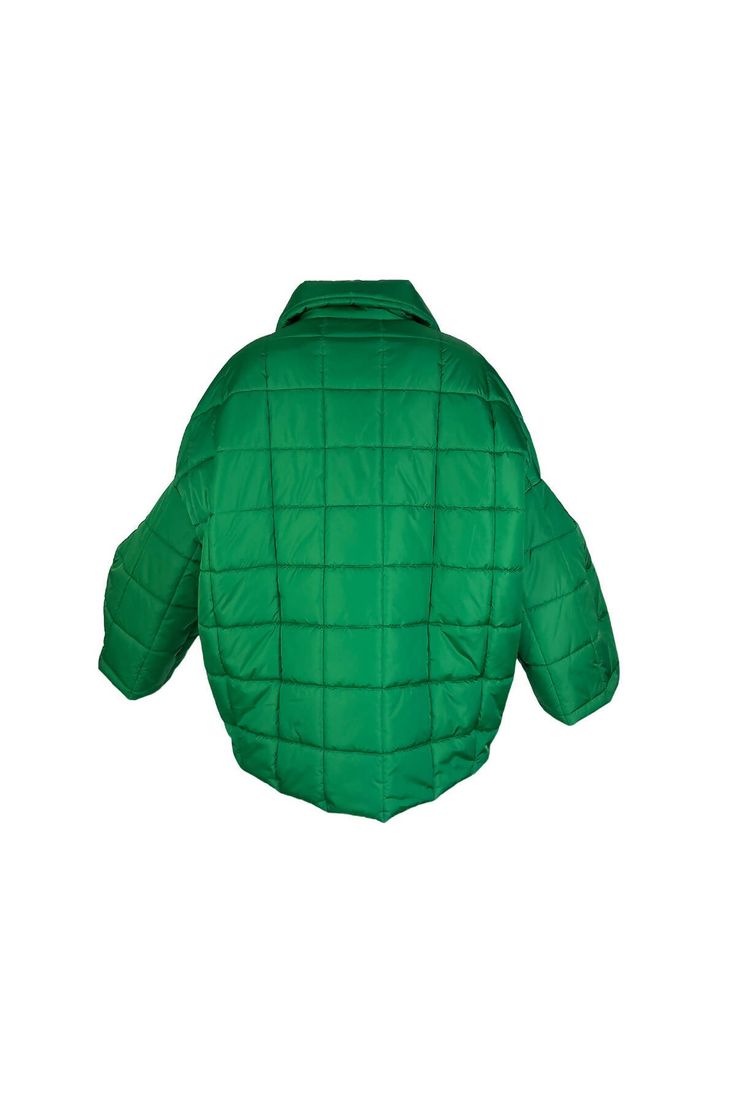 Unisex quilted jacket "Lupinus Green" features a round shoulder and oversized fit for a relaxed, comfortable feel. It's made from lightweight, wrinkle-free polyester and has large pockets, windproof, and water repellent properties. The soft, bold shape makes it a statement piece, and the hypoallergenic synthetic padding adds warmth without compromising style.Size Guide:ONE SIZE (fits to XS-XL)Collar - 51 cmWides middle line - 170 cmBottom line - 140 cmSleeve ends - 57 cmLength from the neckline Spring Oversized Quilted Outerwear, Oversized Quilted Outerwear For Spring, Oversized Nylon Puffer Jacket For Streetwear, Oversized Quilted Long Sleeve Outerwear, Oversized Quilted Outerwear For Cold Weather, Oversized Quilted Outerwear With Long Sleeves, Streetwear Nylon Quilted Puffer Jacket, Sporty Quilted Outerwear For Outdoor Activities, Quilted Nylon Puffer Jacket For Streetwear