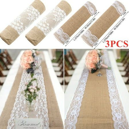 the table runner is decorated with flowers and burlucks, along with lace