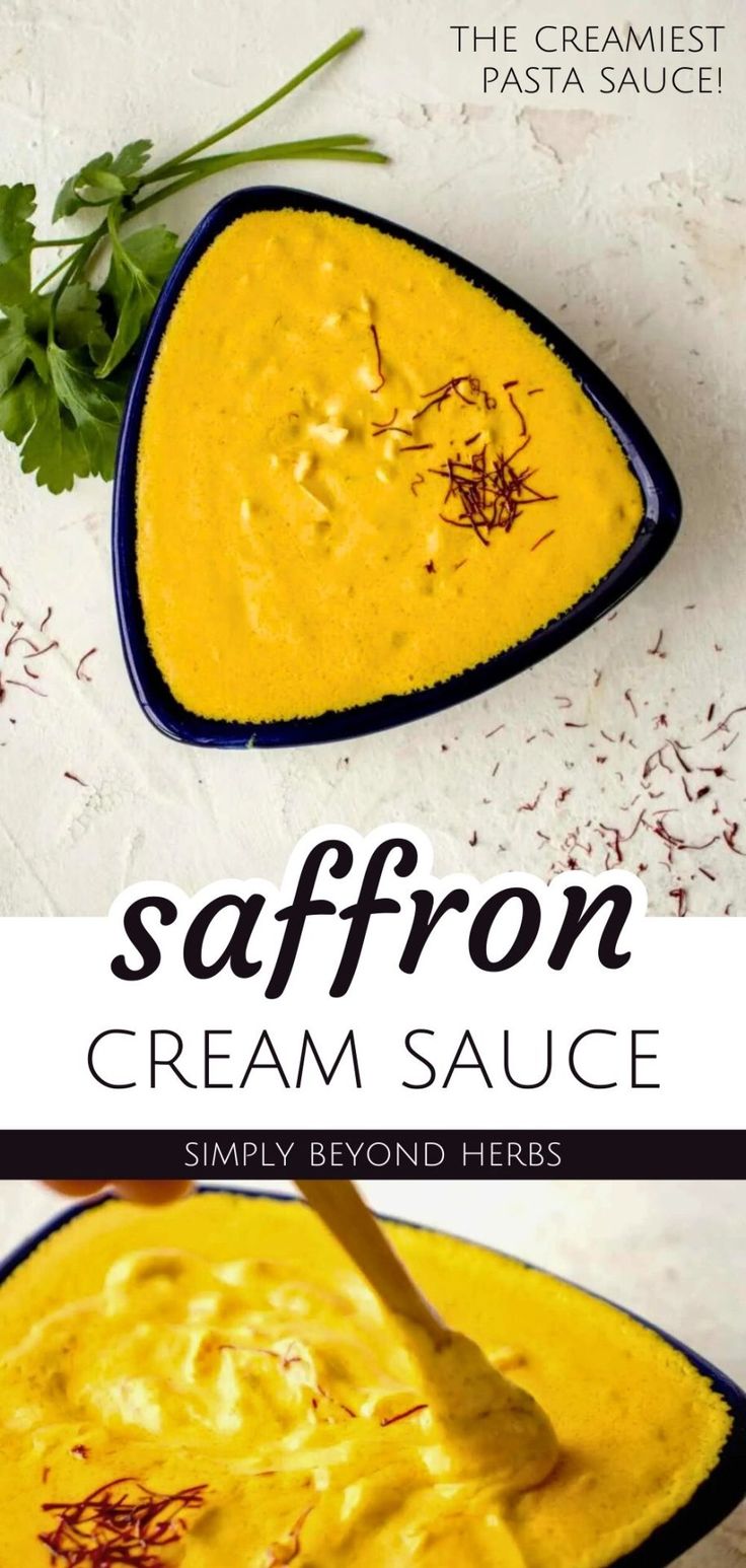 saffron cream sauce in a blue bowl with a spoon