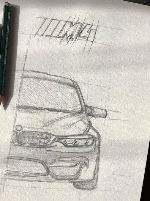 a pencil drawing of a bmw car on paper