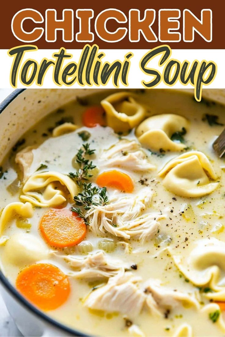 chicken tortellini soup in a pot with carrots and parsley