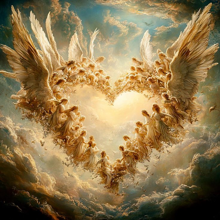 an artistic painting of angels in the shape of a heart