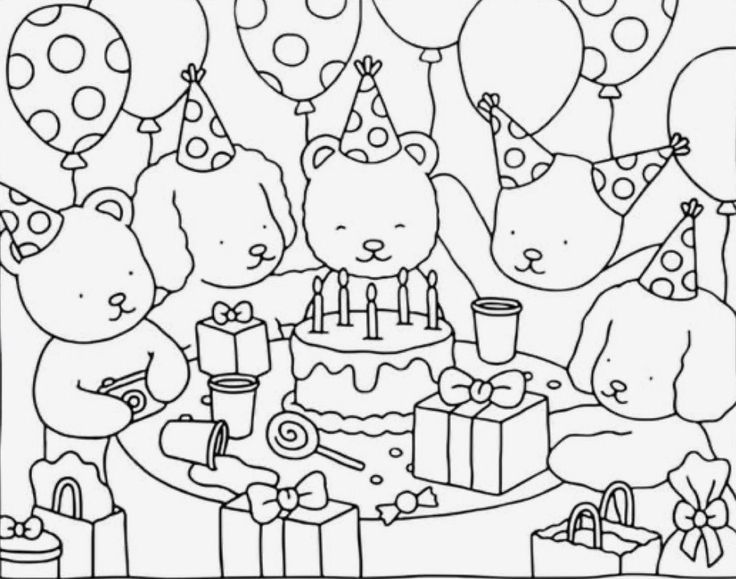 a birthday cake with balloons and bears on it is outlined in black and white coloring