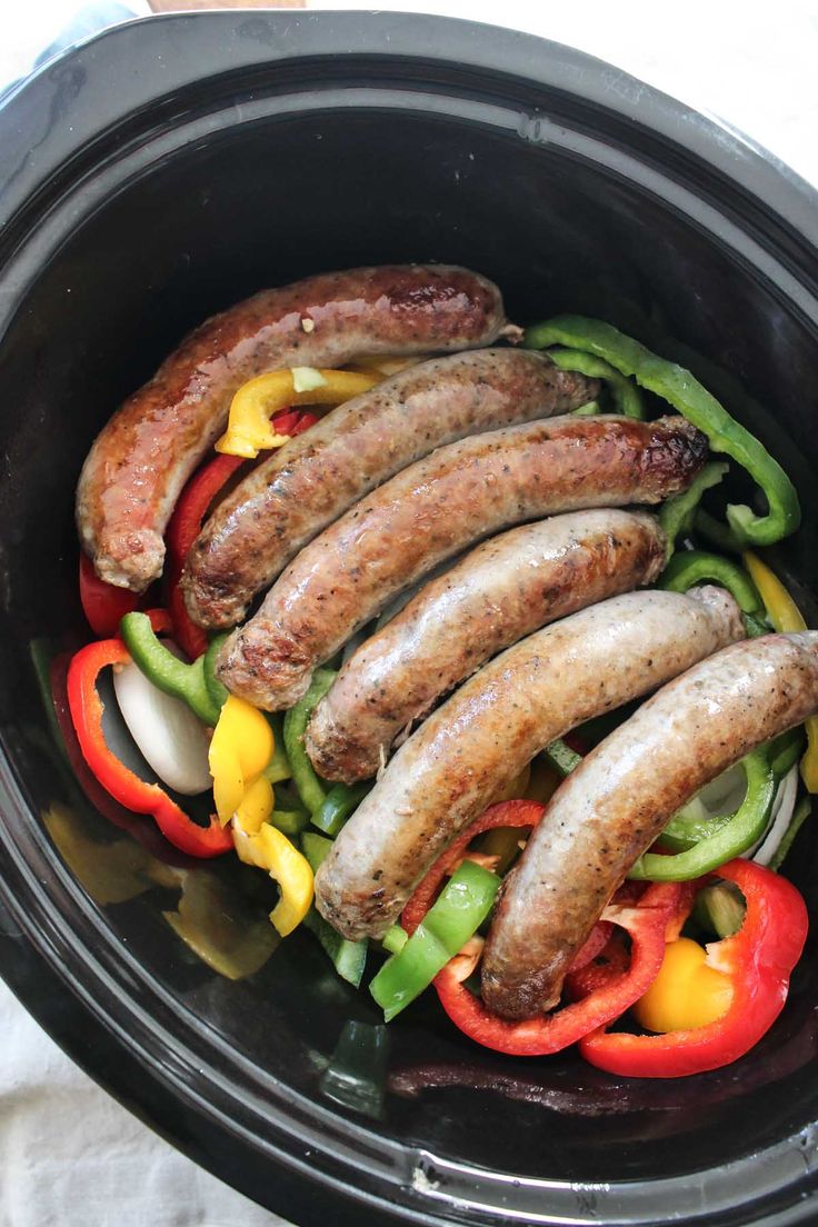 sausages and peppers in a slow cooker