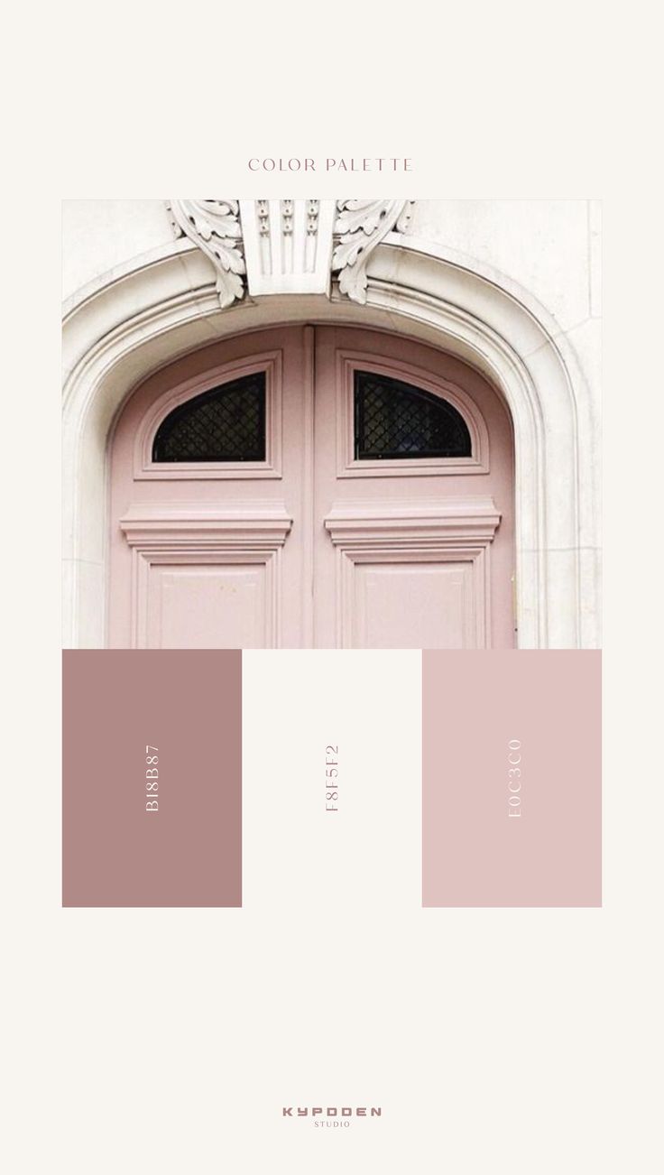 a pink door with two windows and the words color palette in white letters on it