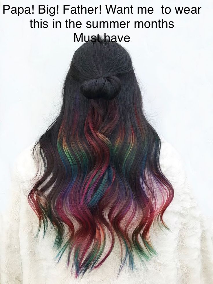 Dark Hair With Rainbow Highlights, Rainbow Black Hair, Black Hair With Rainbow, Rainbow Streaks In Hair, Dyed Tips Hair Brunettes, Black Rainbow Hair, Dyed Ends Of Hair Brunettes, Black And Rainbow Hair, Colored Tips Hair