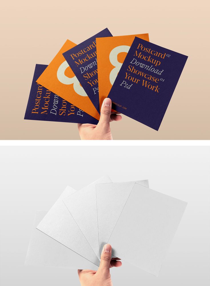 Free four Postcards in Hand Mockup with purple and orange design colors against beige color in the background. Postcard Mockup Free, Branding Elements, Postcard Mockup, Free Postcards, Free Cards, Free Mockup, Free Psd, Have Fun, Mockup