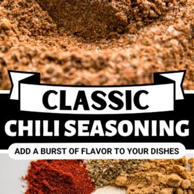 the words classic chilli seasoning are in front of an image of various spices