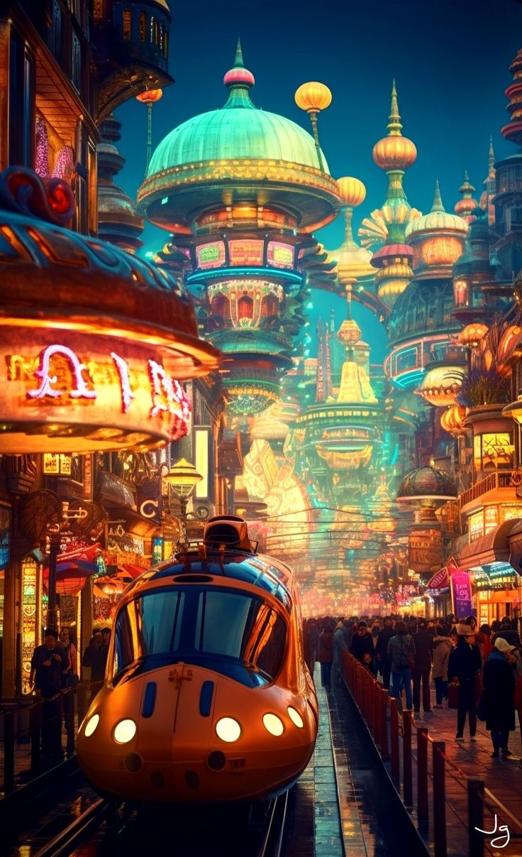 a train traveling through a futuristic city with lots of tall buildings and colorful neon lights