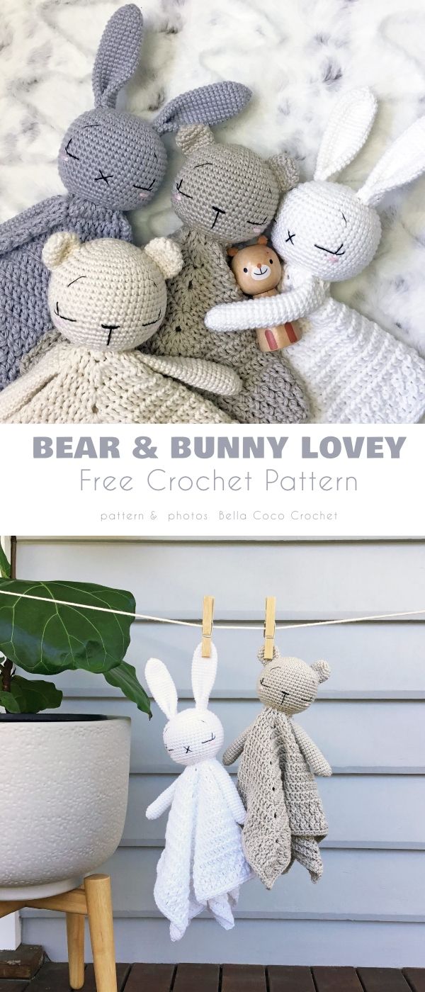 three crocheted stuffed animals hanging on clothes pins with text overlay that reads, bear and bunny lovey free crochet pattern