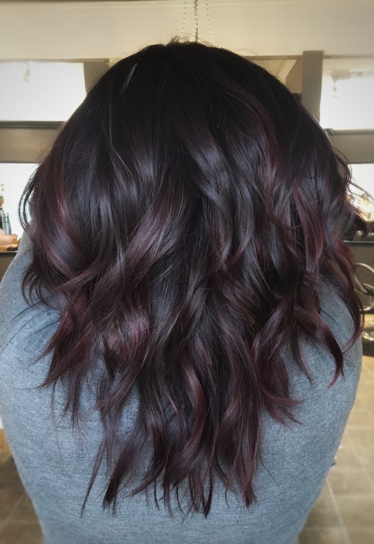 Purple storm Purple Hues Hair, Black And Plum Hair Ombre, Black Hair With Dark Purple Balayage, 2023 Women Hair Color, Purple For Dark Hair, Black Hair With Deep Purple Highlights, Bayalage Brunette Mid Length, Dark Hair Purple Balayage, Dark Fall Haircolor