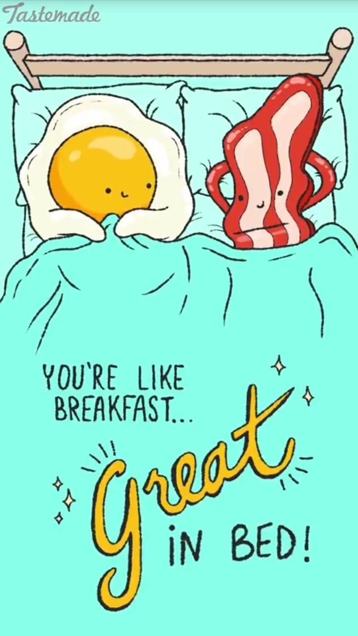 a bed with an egg and bacon on it that says, you're like breakfast great in bed