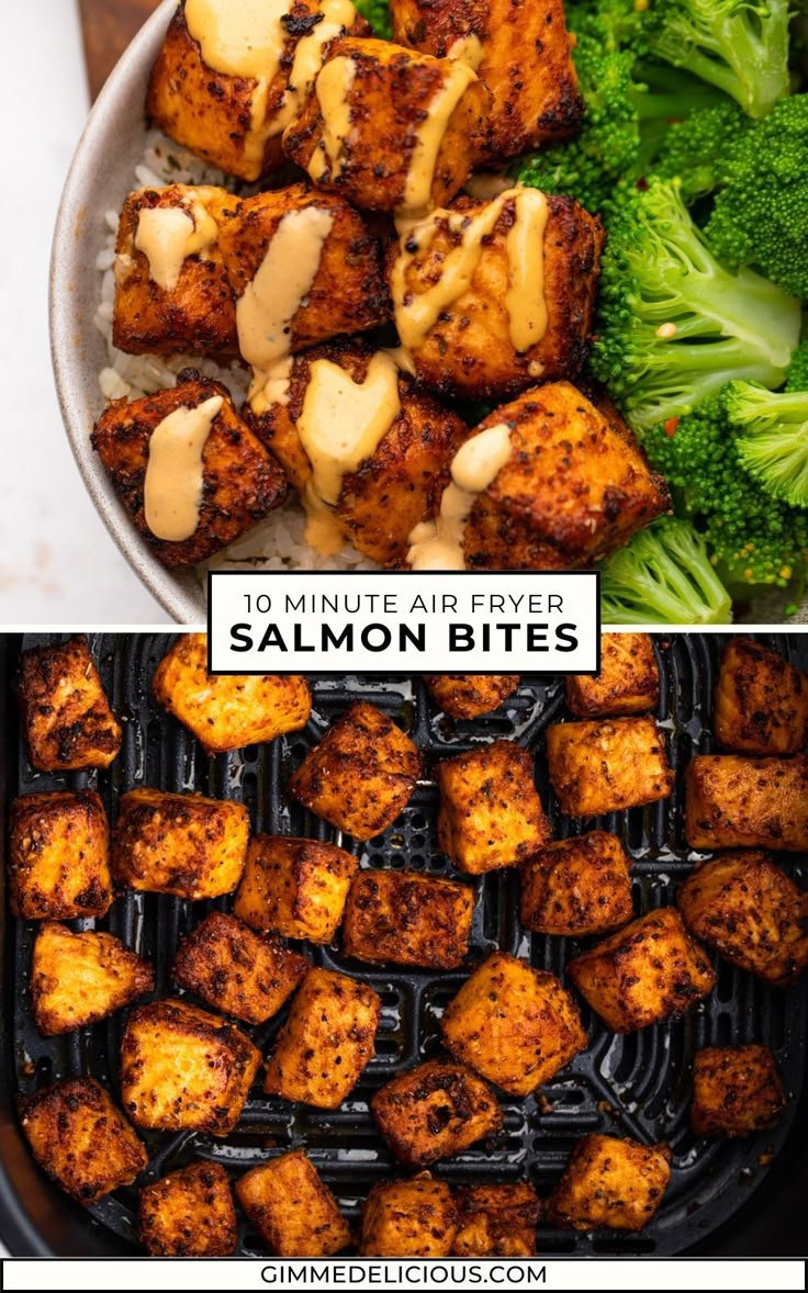 two pictures showing different types of food and the same image with text that reads, 10 minute air fryer recipes salmon bites