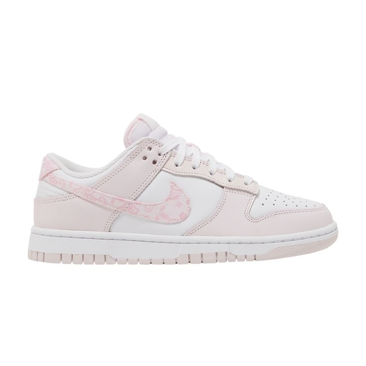 Find NIKE Wmns Dunk Low ' Paisley on Editorialist. The Nike Women’s Dunk Low ‘Pink Paisley’ updates the heritage hoops shoe with pastel accents and refreshed branding. The low-profile silhouette sports a leather upper that combines a stark white base with soft pink overlays at the forefoot and heel. Paisley-print textile is utilized on the signature Swoosh and Nike-branded heel tab. The sneaker sits atop a white midsole, featuring stitched sidewall construction and an interior foam wedge. A pink rubber outsole provides durable traction underfoot. Soft Pink Shoes, Wmns Dunk Low, Air Jordan 9, Jordan 10, Balenciaga Sneakers, Hello Kitty Accessories, Shoe Wishlist, Cute Nike Shoes, Colorful Shoes