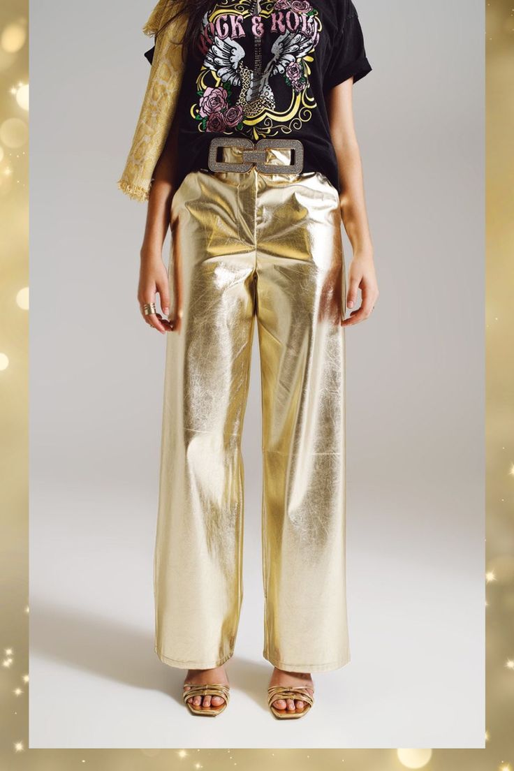 Metallics are in and from a streetwear brand! Enjoy our End of Year Sale Event starting this Thursday December 7, Code: SHOP20. Discover more styles from this brand and others right on our website. #quirkitrendz #gifting #endofseasonsale #boxing day #fashion #trends #metallic #streetwear Gold Pants, Metallic Pants, Glamorous Style, Trouser Pants Women, Perfect Wardrobe, Leg Design, Elastic Fabric, Party Looks, Hat Hairstyles