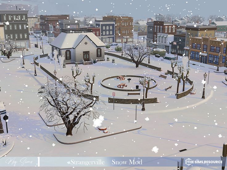 an animated city with snow falling on the ground and people walking around in the park