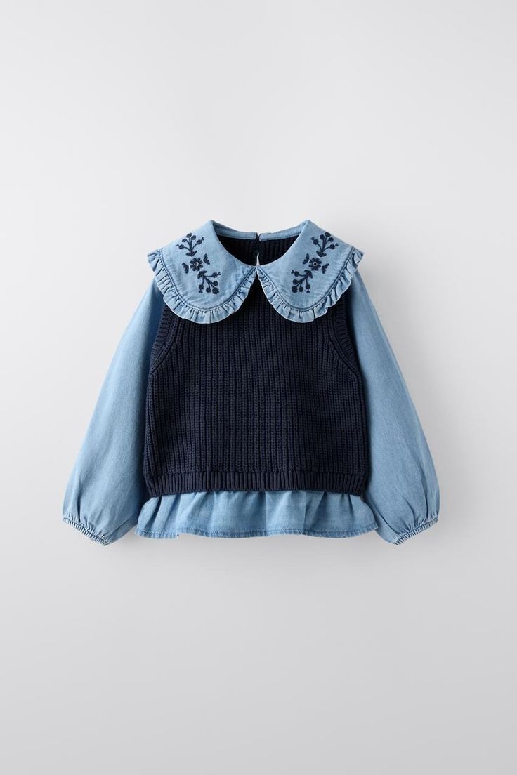 COMBINATION KNIT VEST AND SHIRT - Navy blue | ZARA United States Stylish Baby Girl Outfits, Stylish Baby Girls, Zara Portugal, Bib Collar, Waistcoat Dress, Cardigan Sweater Dress, Knit Vest, Knit Shirt, Shirt Skirt