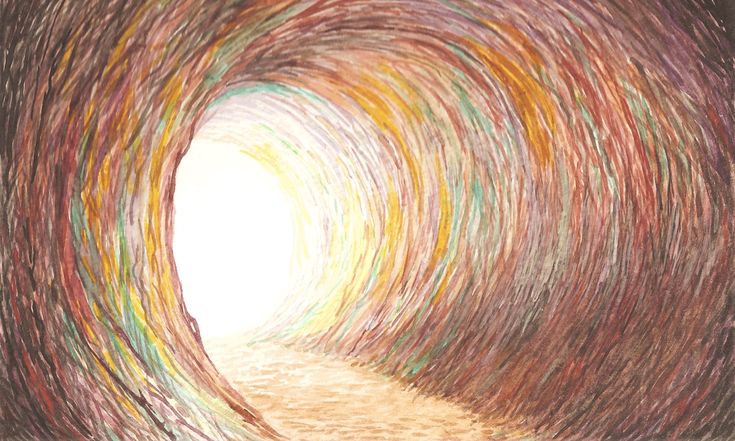 a drawing of a light at the end of a tunnel that is filled with colored crayons