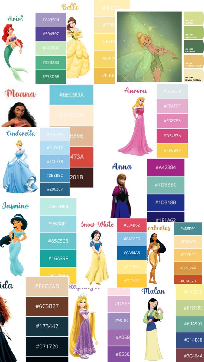 the disney princesses are all different colors in this poster, and each has their own name