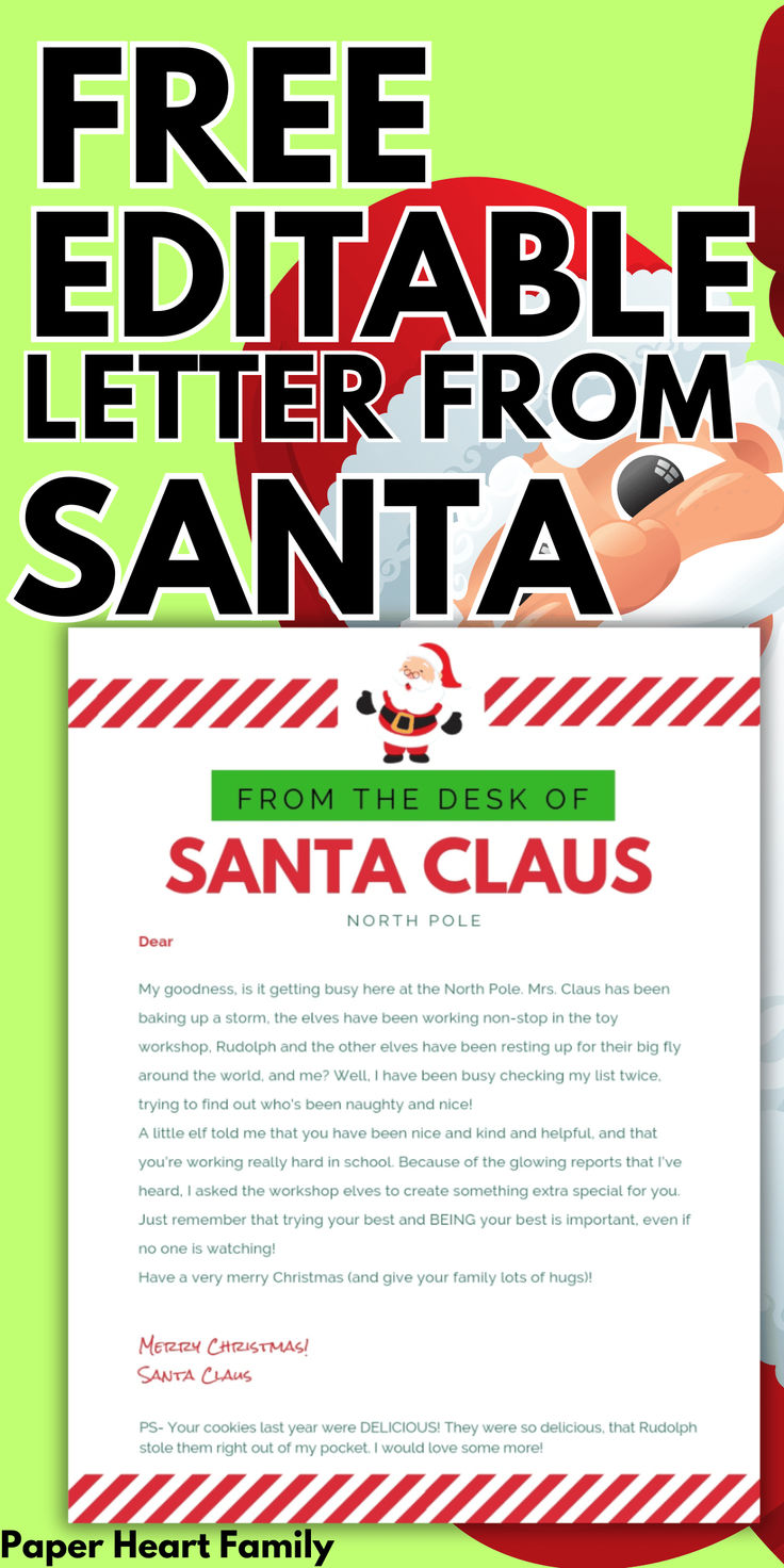 a letter from santa with the text free editable letters from santa claus on it