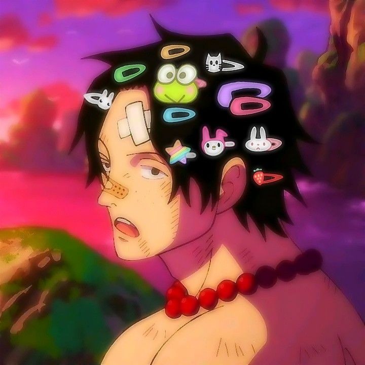 an anime character with lots of stickers on his head and chest, staring at something in the distance