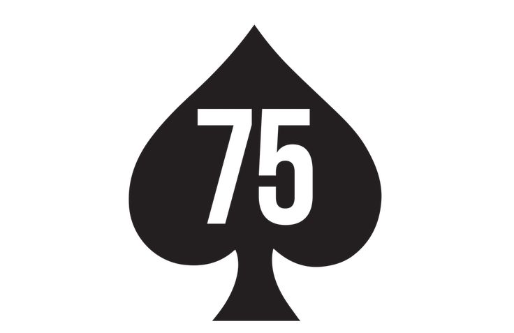 the 75 playing card logo is shown in black and white, with an ace symbol on it