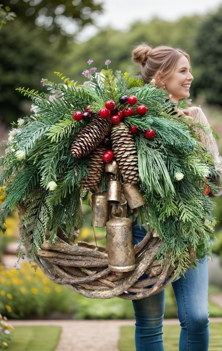 💁‍♀️This wreath is made on a unique rustic vine base, ���😇that's plenty chunky with lots of texture. 🎄It's accented with realistic looking, faux winter greens, pinecones and berries. 🛎Chunky golden bells hang center stage and ring with movement. Small Front Porch Christmas Decor Ideas, Tiny Bouquet, Bohemian Wreath, Mexico Christmas, Farmhouse Christmas Wreath, Boho Wreath, Christmas Porch, Holiday Wreath, Front Porch Christmas Decor