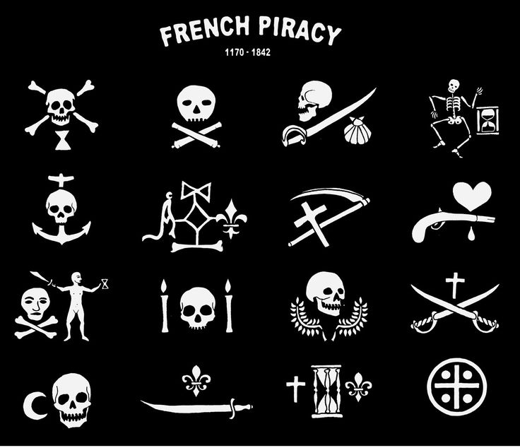 a bunch of different types of skull and crossbones on a black background with the words french piracy written in white