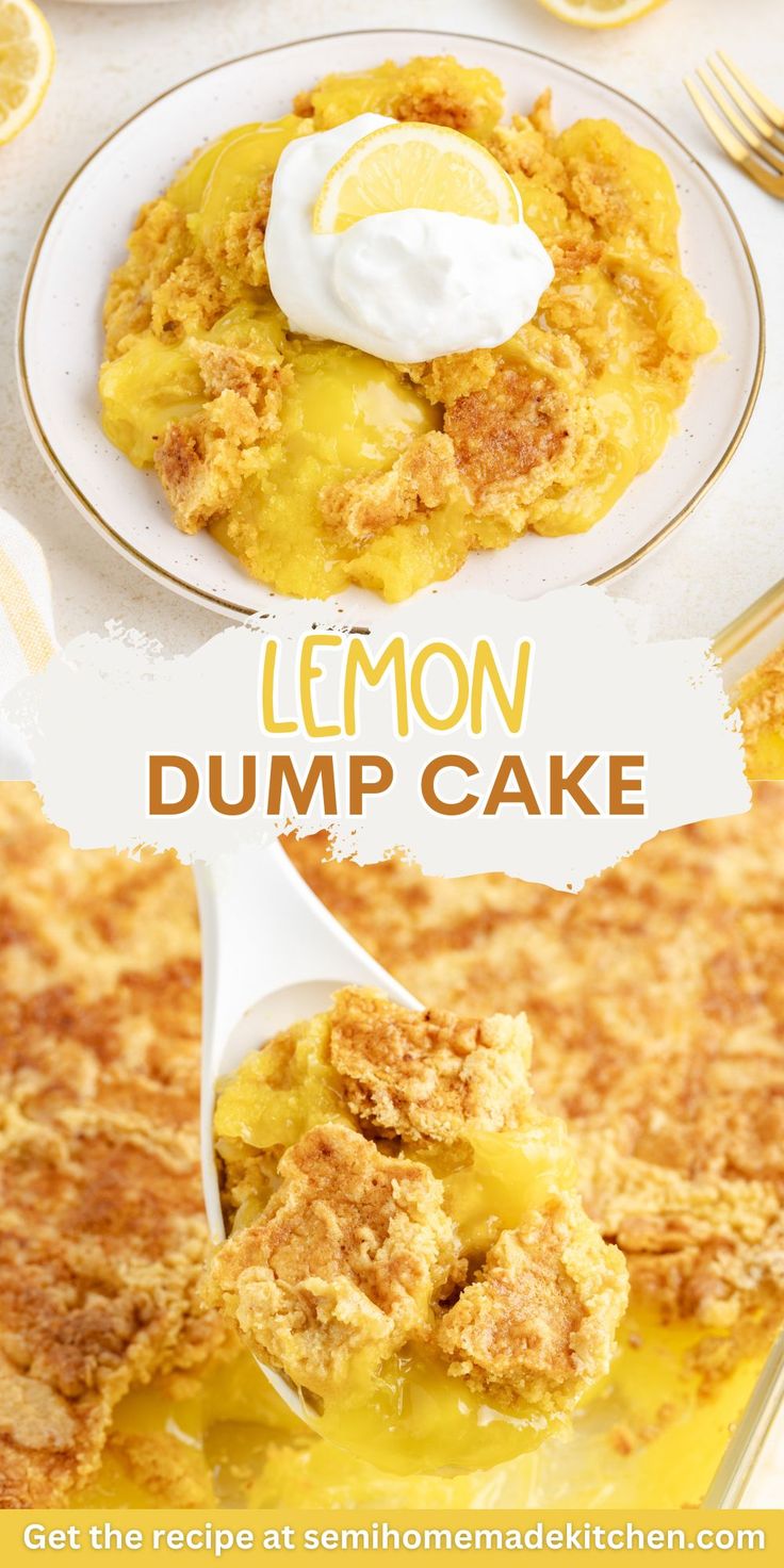 lemon dump cake on a plate with a spoon