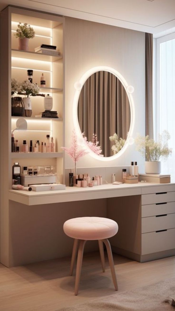 a bathroom with a stool, mirror and shelves filled with personal care items in it