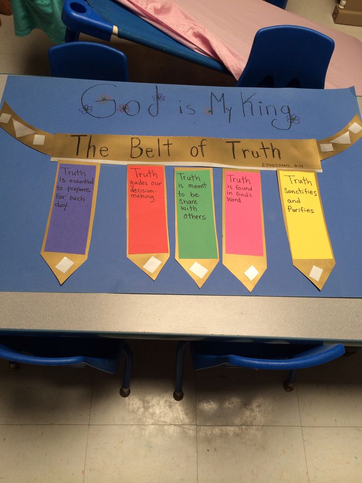 a bulletin board that says god is my king the belt of truth on top of blue chairs