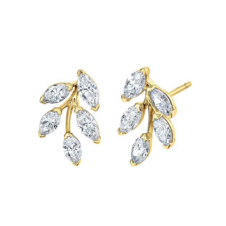 These Marquise Diamond Leaf Earrings will be a stunning addition to any jewelry collection. Crafted in 18k yellow gold with marquise-cut diamonds, these leaf shaped earrings are sure to add a fancy touch to your look. Formal Marquise Diamond Cut Cluster Earrings, Gold Marquise Brilliant Cut Diamond Earrings, Gold Marquise Diamond Earrings With Brilliant Cut, Elegant Marquise Diamond Cut Cluster Earrings, Fine Jewelry Bridal Earrings With Marquise Brilliant Cut, Luxury Marquise Cut Brilliant Earrings, 14k Yellow Gold Marquise Earrings, Marquise Yellow Gold Fine Jewelry Earrings, Yellow Gold Marquise Earrings Fine Jewelry