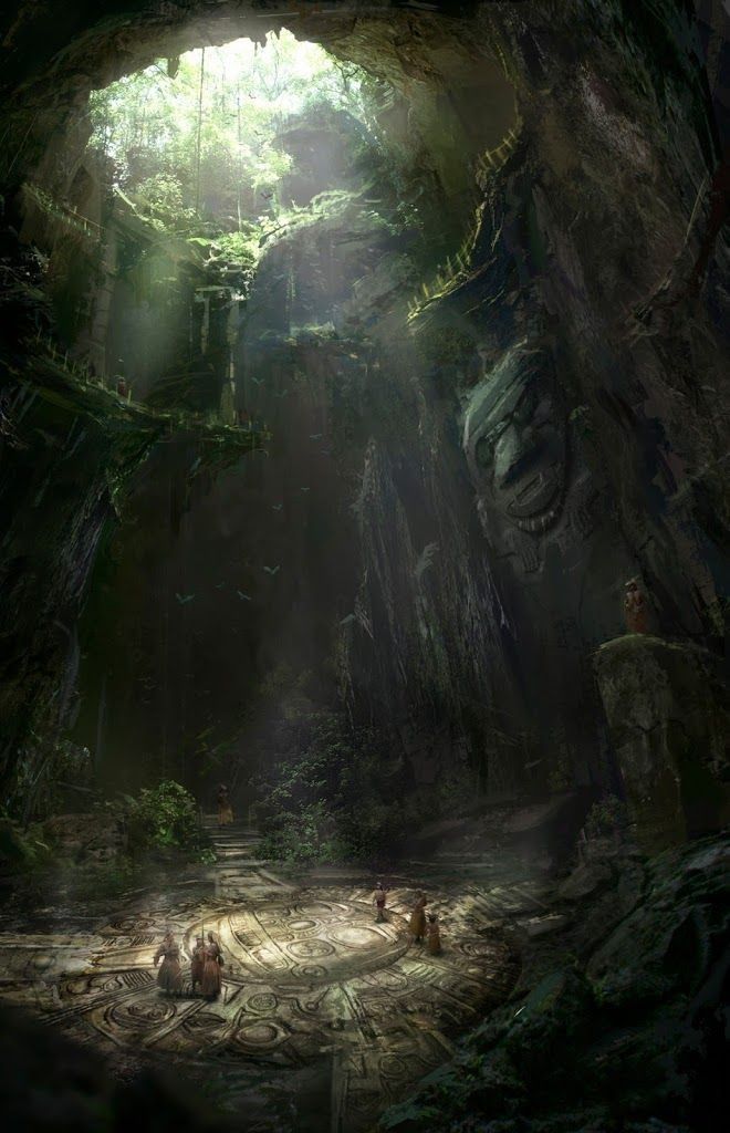 an artist's rendering of the inside of a cave with light coming from it