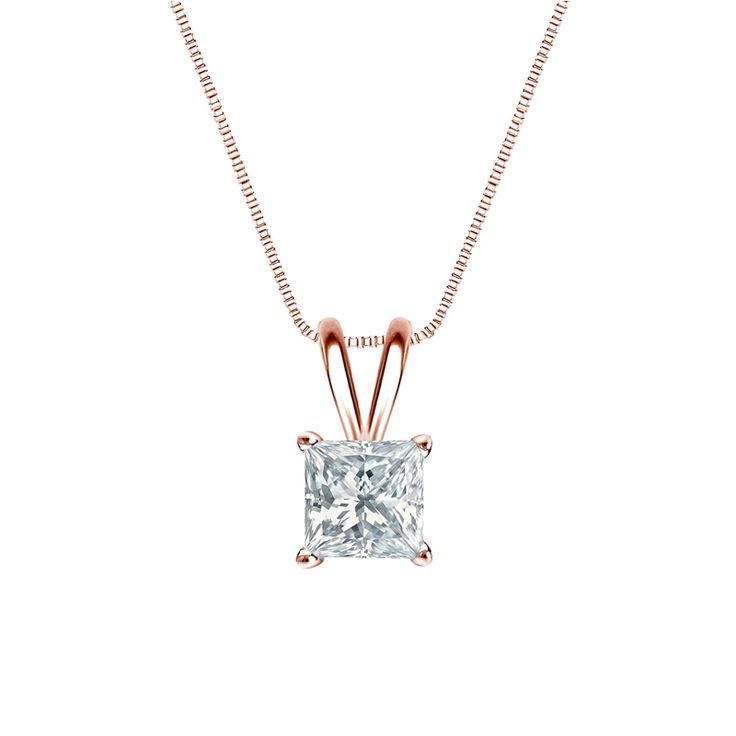 4-Prong Basket set diamond solitaire pendant make a stylish statement in beauty. These 14k rose gold pendant sparkle with a total weight of 0.63 ct. of certifed princess-cut natural diamond and is available with a matching 18-inch box chain that secures with a spring-ring clasp. Black Diamond Pendant, Black Diamond Studs, Diamond Solitaire Pendant, Halo Diamond Earrings, Solitaire Diamond Pendant, Princess Cut Moissanite, Colored Diamond Rings, Moissanite Pendant, Pendant Necklace Simple