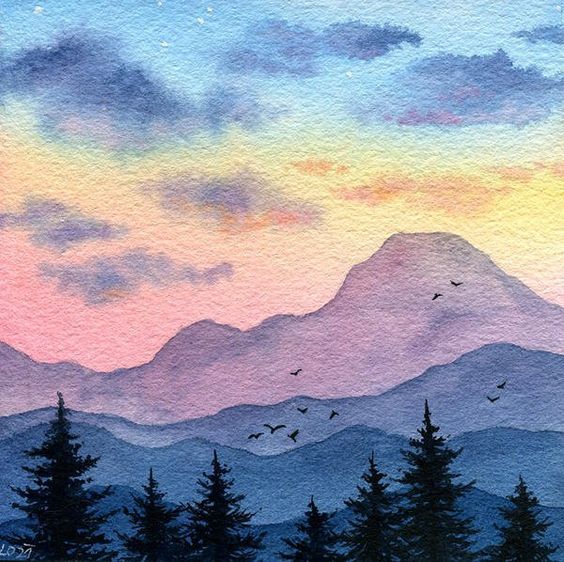 watercolor painting of mountains and trees at sunset