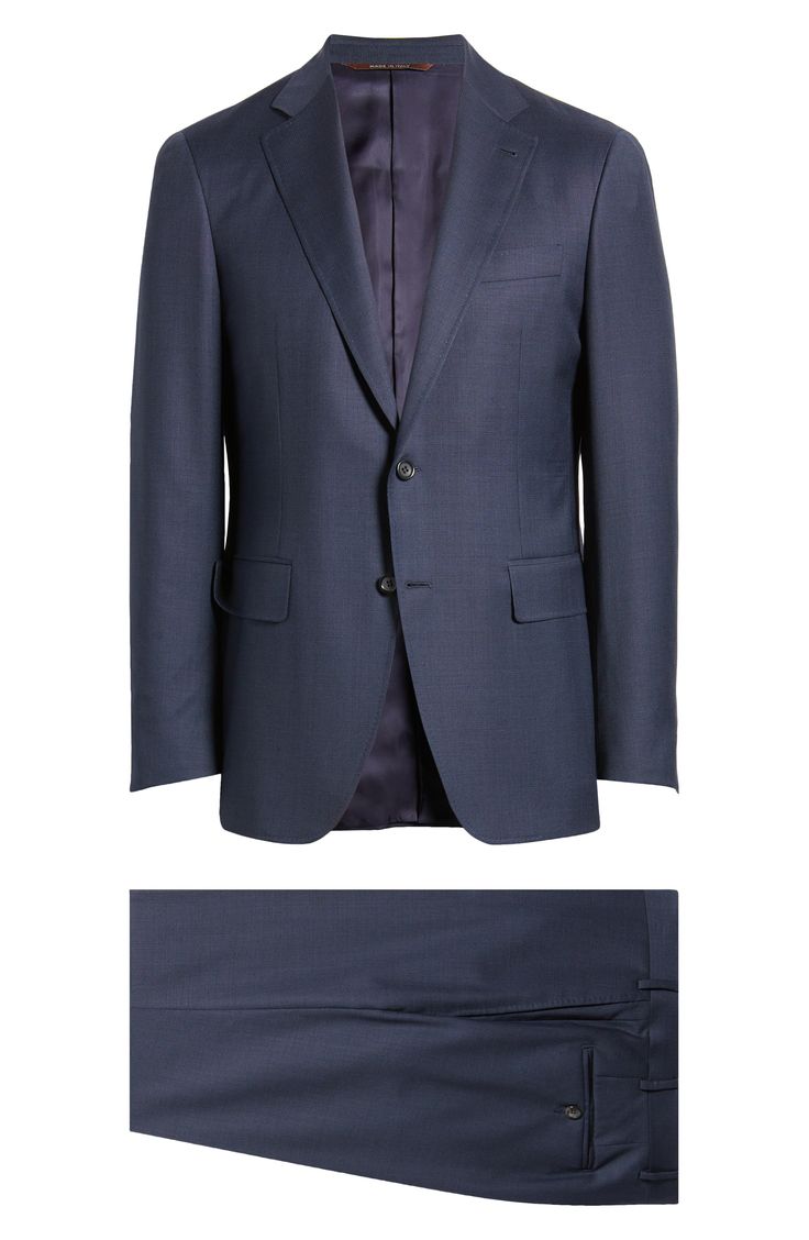 Navy wool brings polish and distinction to a suit that's tailored with traditional detailing and styled to make a versatile addition to any formal wardrobe. 31" length (size 54EU) Jacket has notched lapels; chest pocket; flap pockets; interior pockets; side vents Cuff buttons may not be attached. Jackets purchased at full price can have the sleeve length customized for free at your local Nordstrom Trousers have zip fly; slant pockets; back button-welt pockets Jacket is lined 100% wool Dry clean Luxury Wool Suits With Notch Lapel, Timeless Wool Suits With Structured Boning, Timeless Blue Business Suit, Luxury Single Button Three-piece Wool Suit, Luxury Wool Three-piece Suit With Single Button, Formal Wool Three-piece Suit With Notch Lapel, Formal Three-piece Wool Suit With Notch Lapel, Elegant Wool Suits With Concealed Placket, Elegant Business Suits With Structured Boning