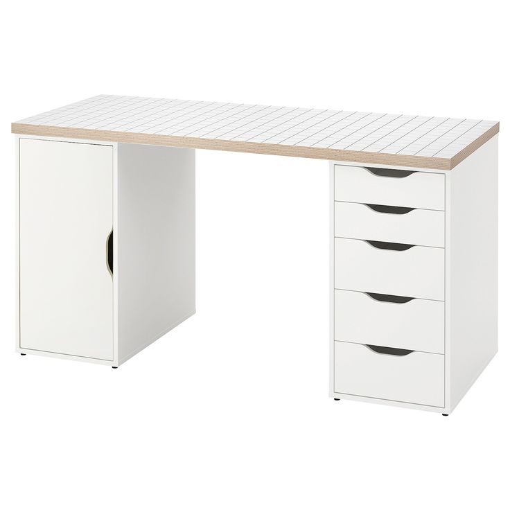 a white desk with four drawers and two doors